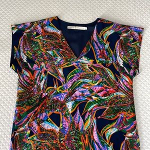 Marie Oliver Women's Small Dress 100% Silk Shift Navy Blue Colorful Print V Neck